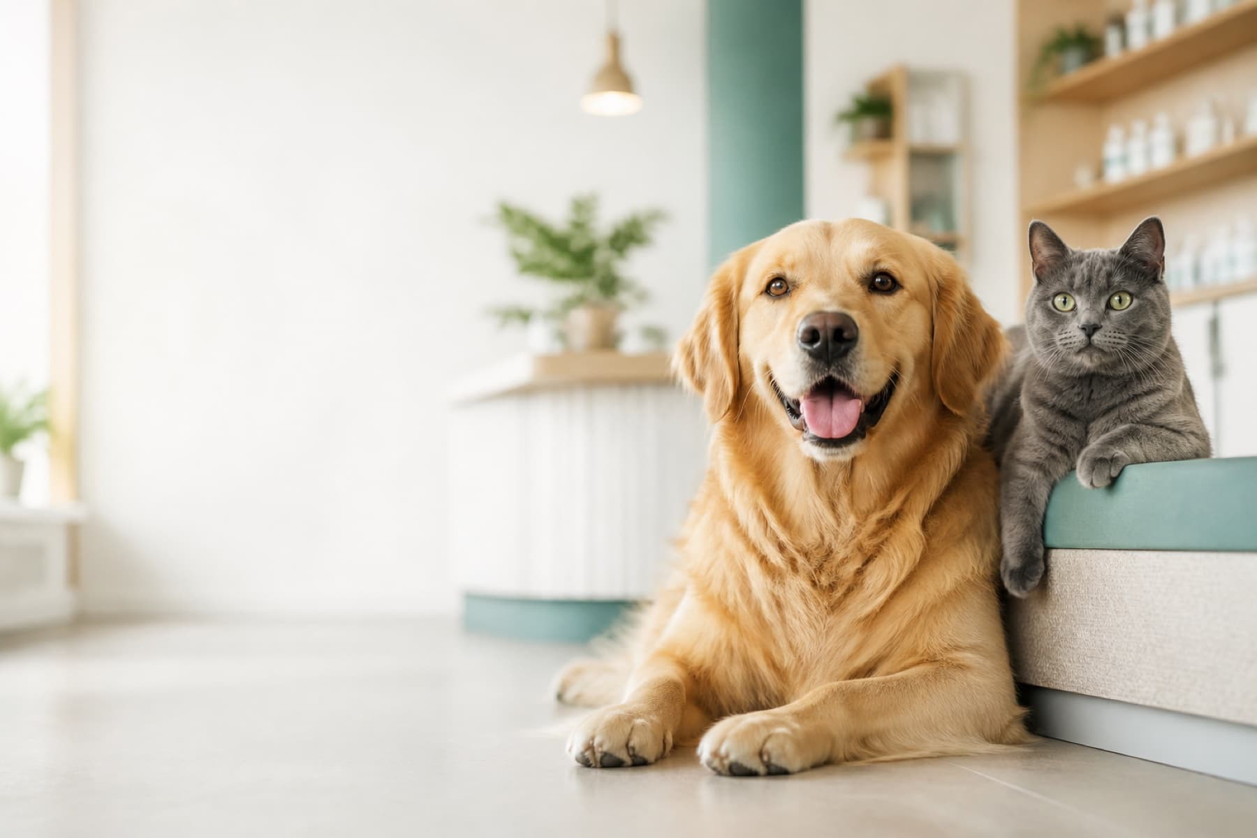 Cachorro e gato saudáveis em uma clínica veterinária moderna
